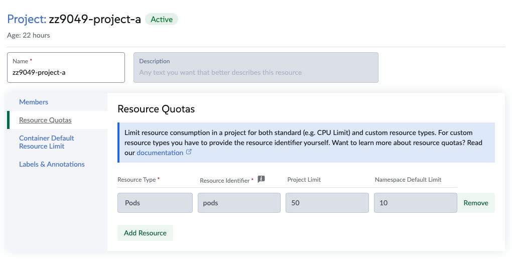 Master, Project Member: Name editable, quota Remove and Add Resource shown